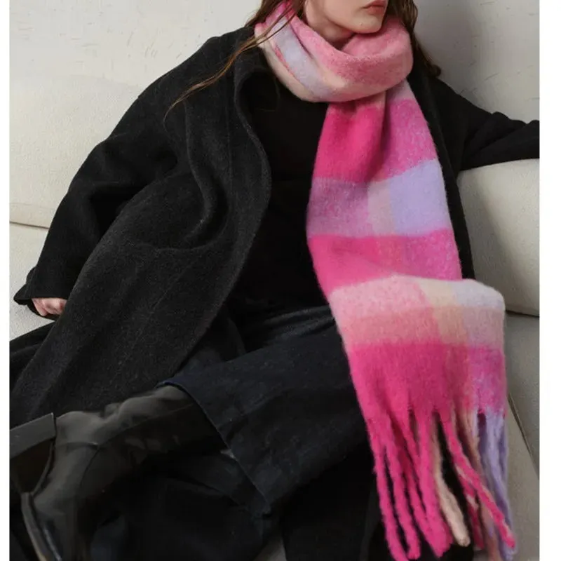 Plaid Coarse Tassel Imitation Cashmere Scarf for Autumn Winter Warmth