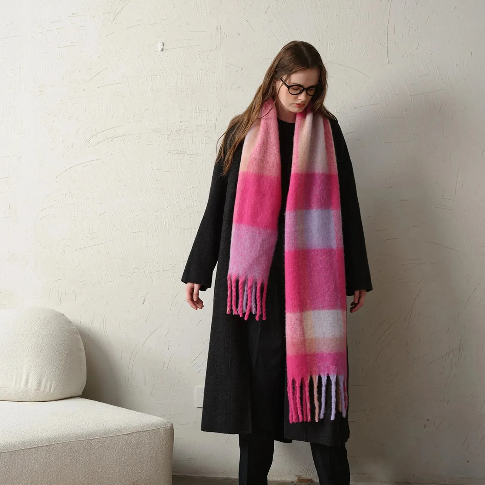 Plaid Coarse Tassel Imitation Cashmere Scarf for Autumn Winter Warmth