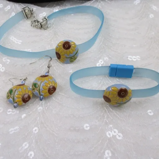 Powder Blue Choker Bracelet Sun Flower Earrings Handmade Jewelry Set