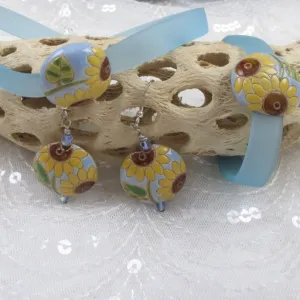 Powder Blue Choker Bracelet Sun Flower Earrings Handmade Jewelry Set