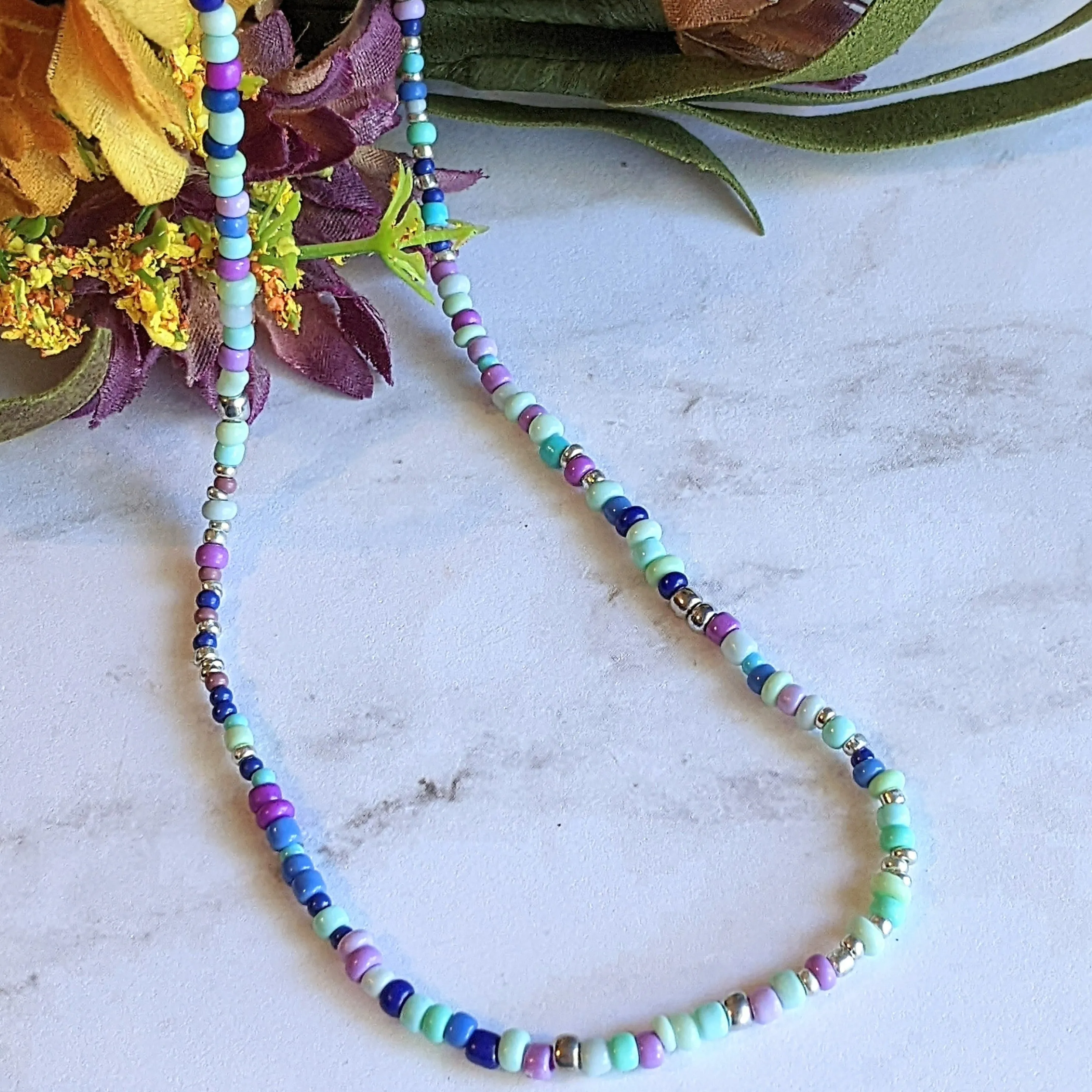 Purple Teal Beaded Choker Necklace - 16 inch