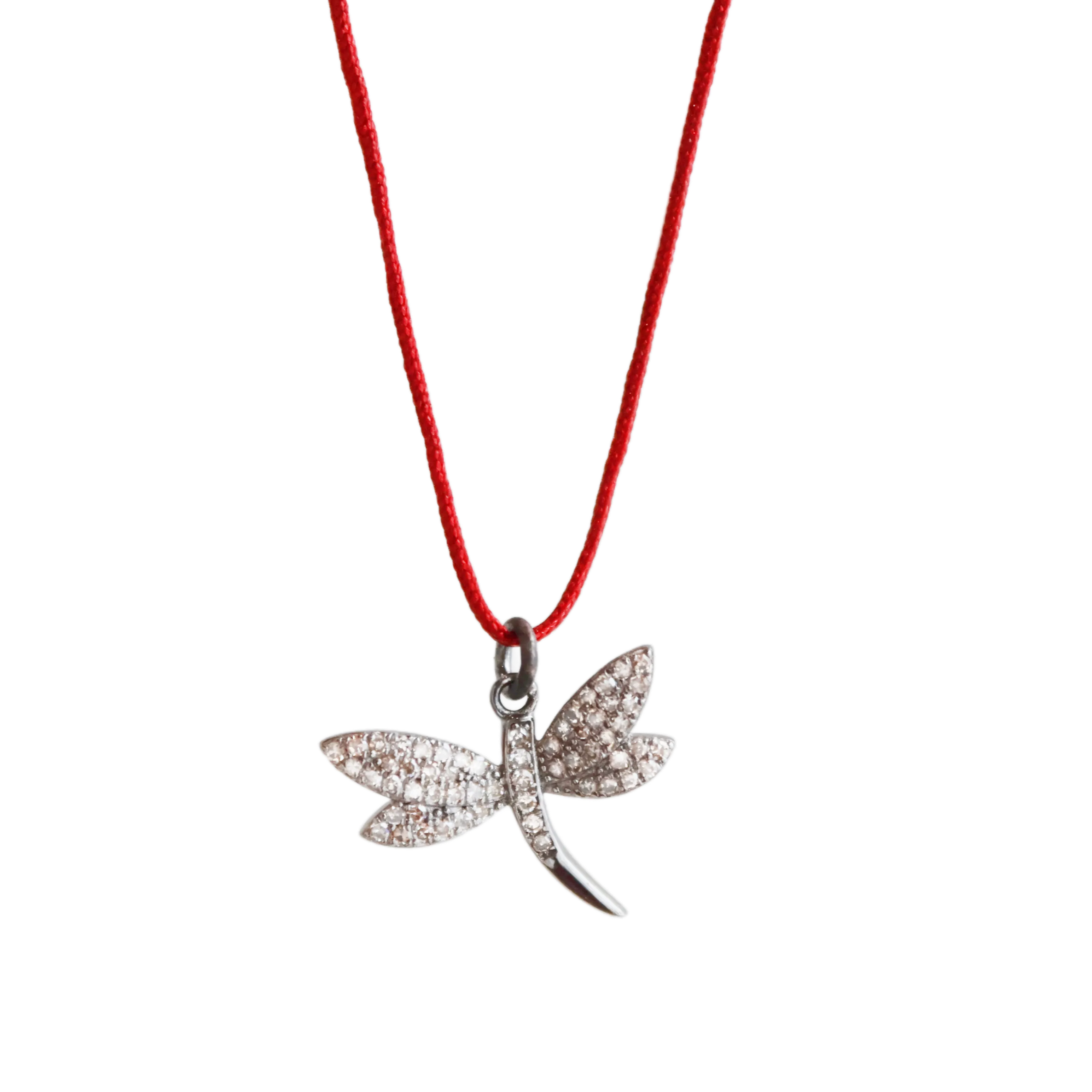 Red Macrame & Sterling Silver Dragonfly Necklace