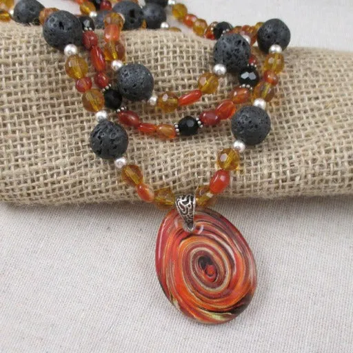 Rustic Statement Necklace in Black Lava and Carnelian