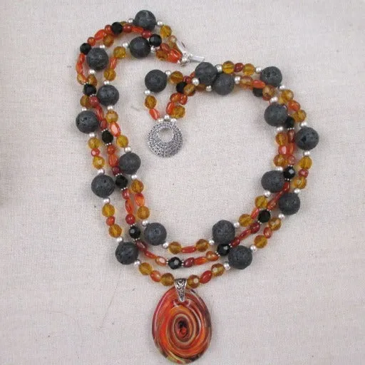 Rustic Statement Necklace in Black Lava and Carnelian