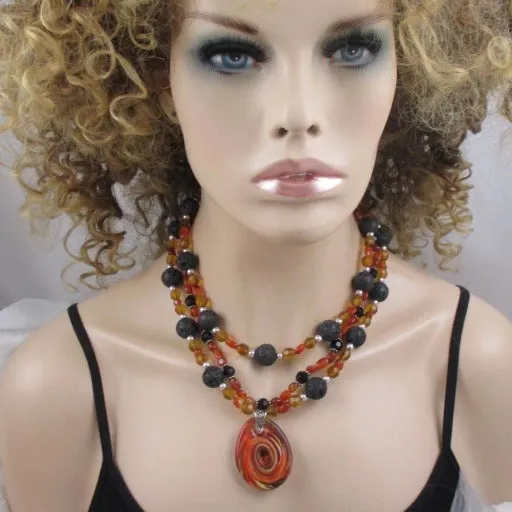 Rustic Statement Necklace in Black Lava and Carnelian