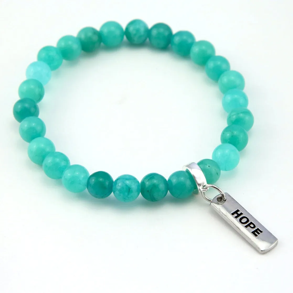 Stone Bracelet - Deep Ocean Jade 8mm Beads - With Silver Word Charm