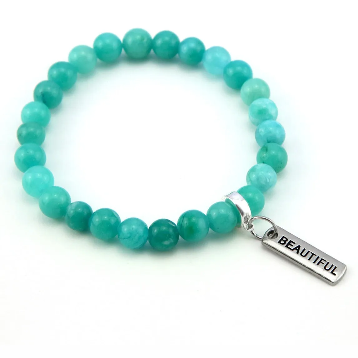 Stone Bracelet - Deep Ocean Jade 8mm Beads - With Silver Word Charm