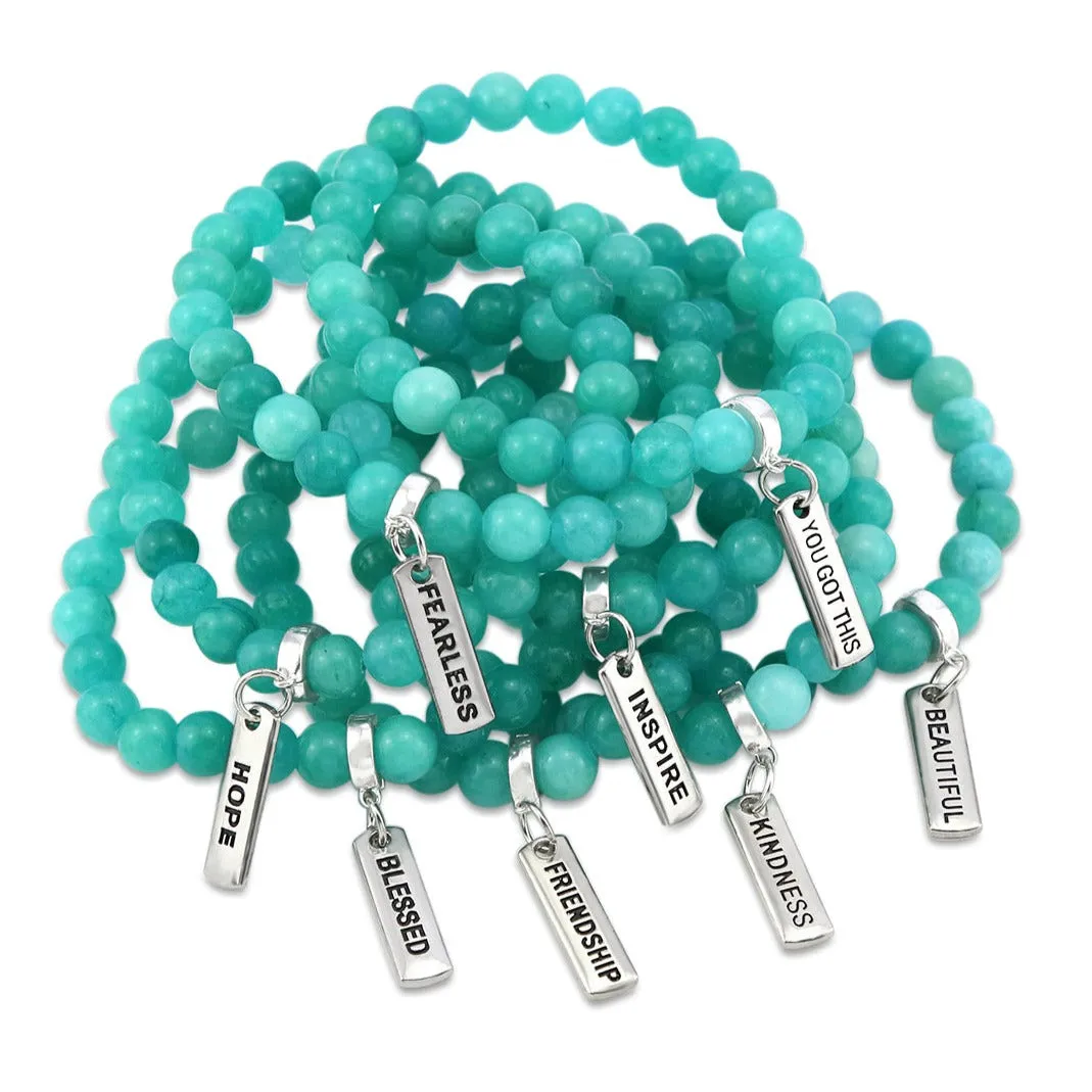 Stone Bracelet - Deep Ocean Jade 8mm Beads - With Silver Word Charm