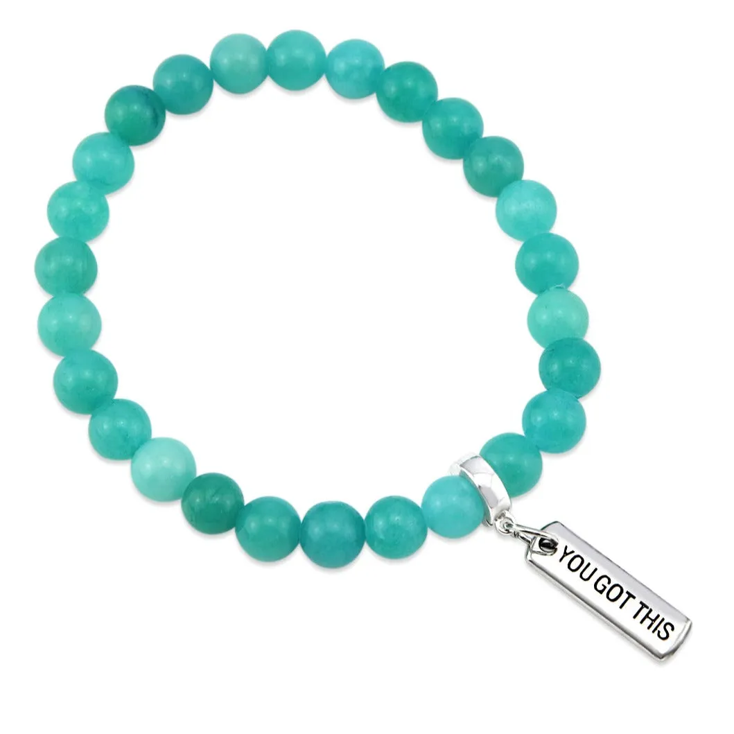 Stone Bracelet - Deep Ocean Jade 8mm Beads - With Silver Word Charm