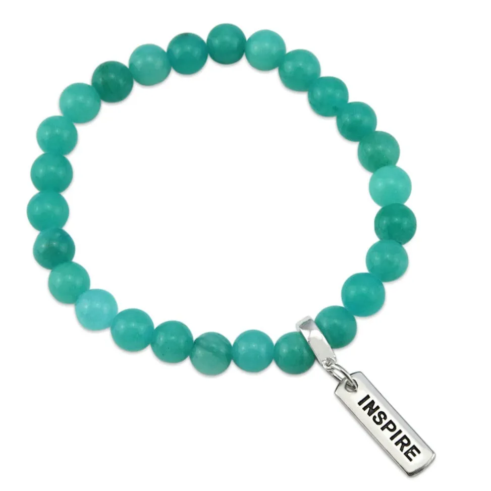 Stone Bracelet - Deep Ocean Jade 8mm Beads - With Silver Word Charm