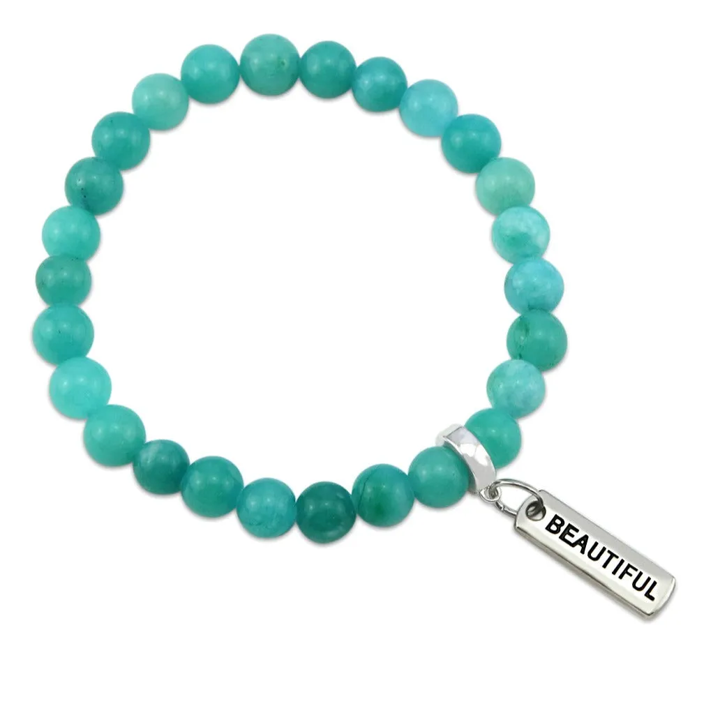 Stone Bracelet - Deep Ocean Jade 8mm Beads - With Silver Word Charm