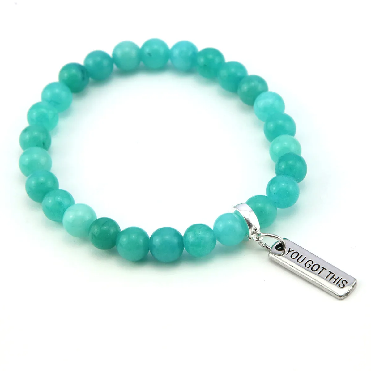 Stone Bracelet - Deep Ocean Jade 8mm Beads - With Silver Word Charm