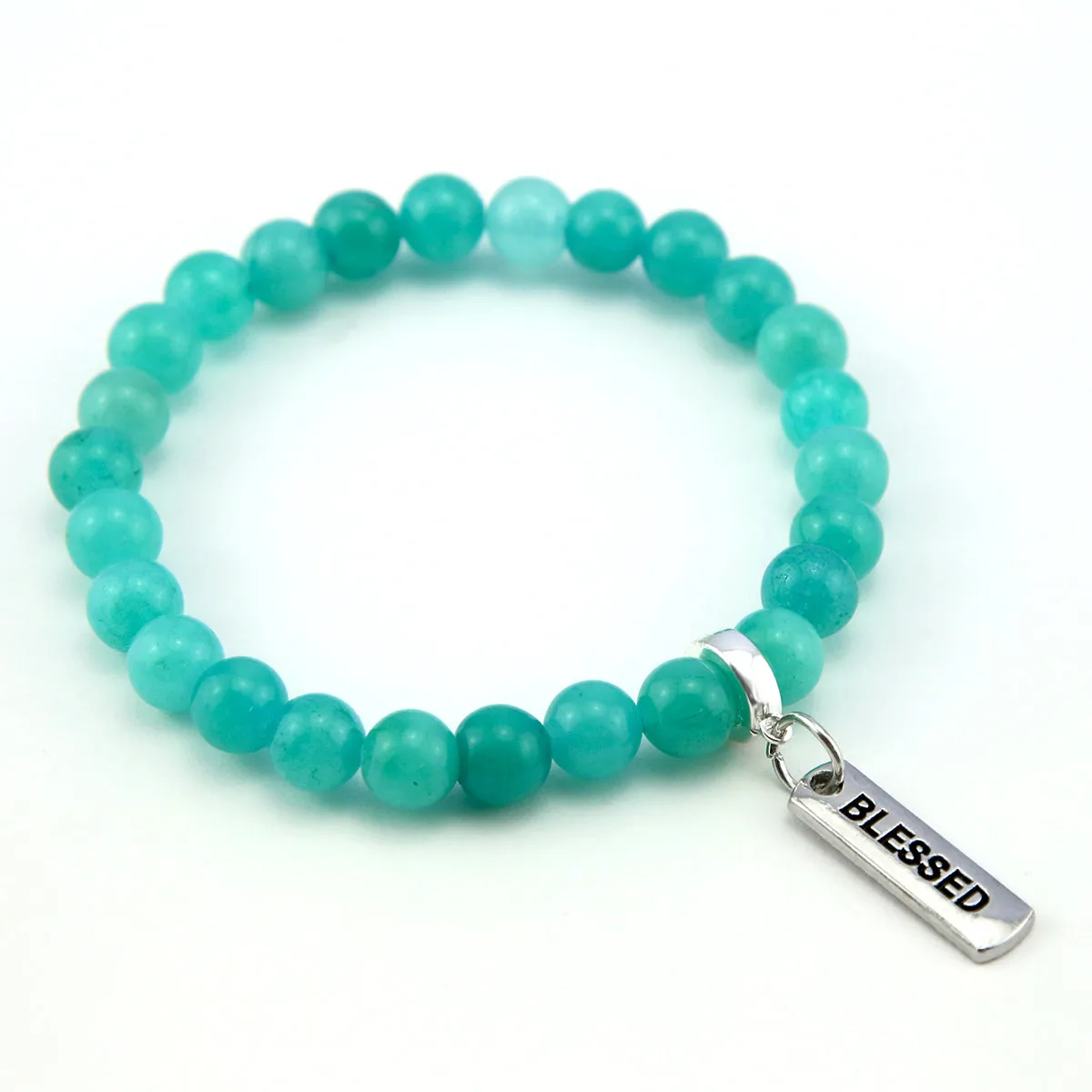 Stone Bracelet - Deep Ocean Jade 8mm Beads - With Silver Word Charm