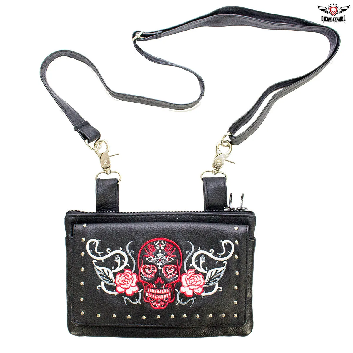 Studded Red & White Sugar Skull Naked Cowhide Leather Belt Bag