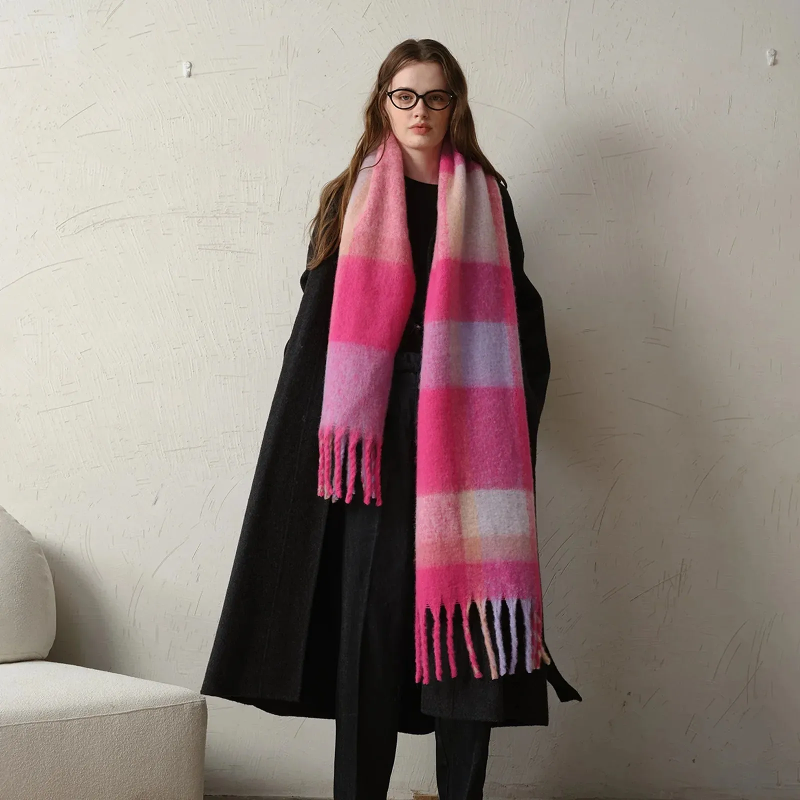 Thick Warm Tassel Contrast Color Scarf for Autumn/Winter