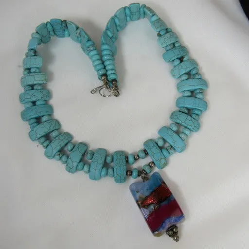 Turquoise Necklace with Handmade Dichroic Pendant.