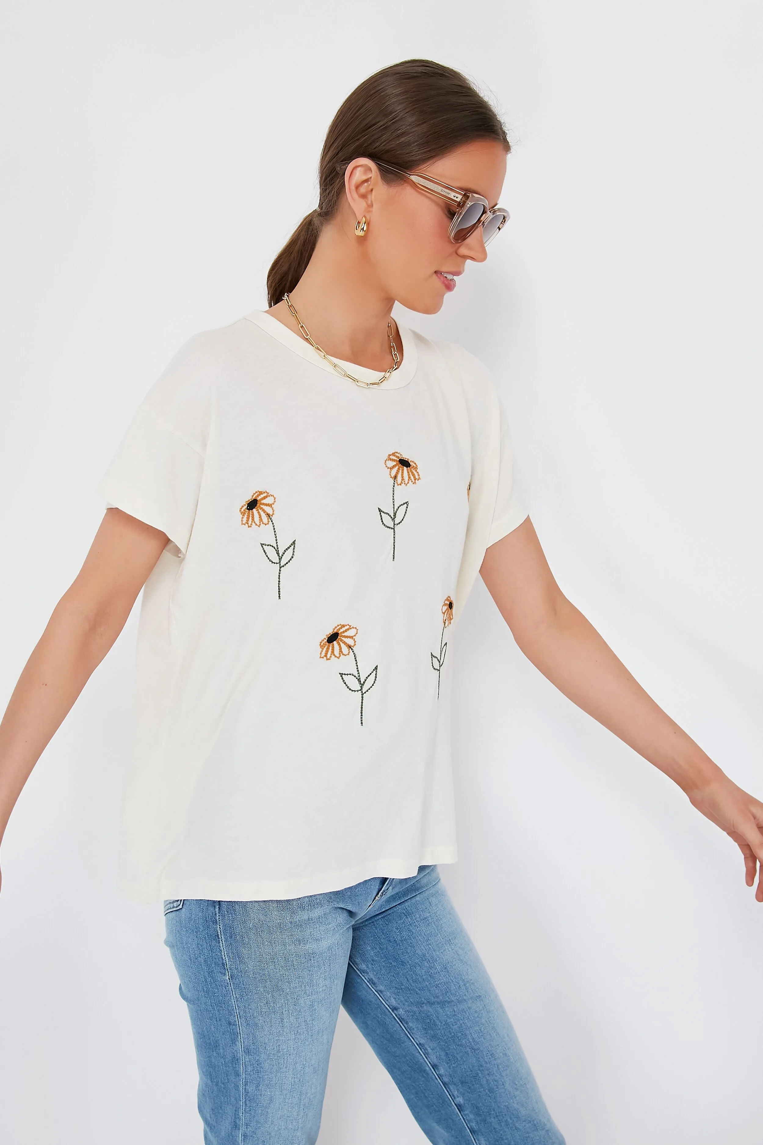 Washed White Weeping Daisy Embroidery Boxy Tee