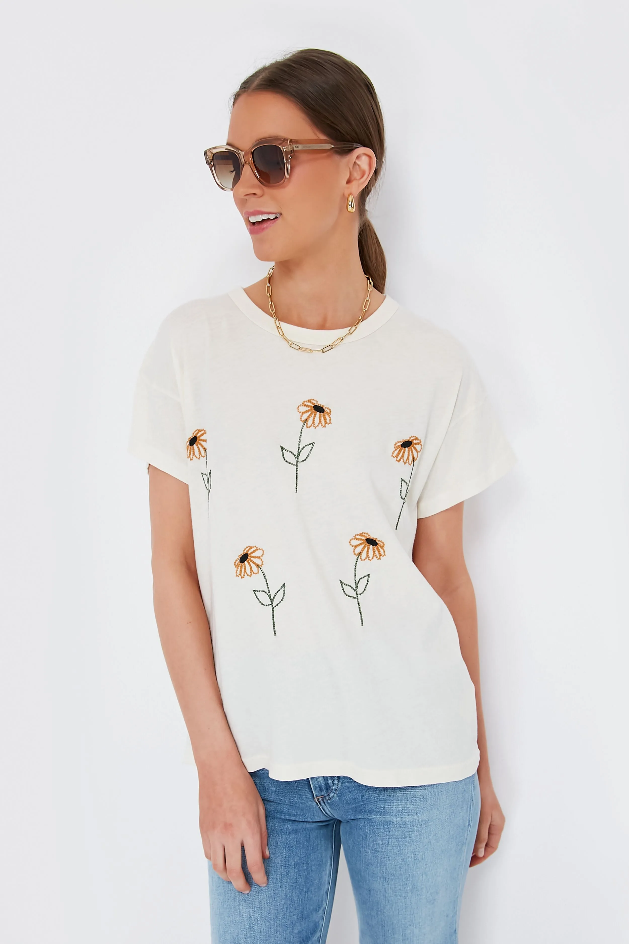 Washed White Weeping Daisy Embroidery Boxy Tee