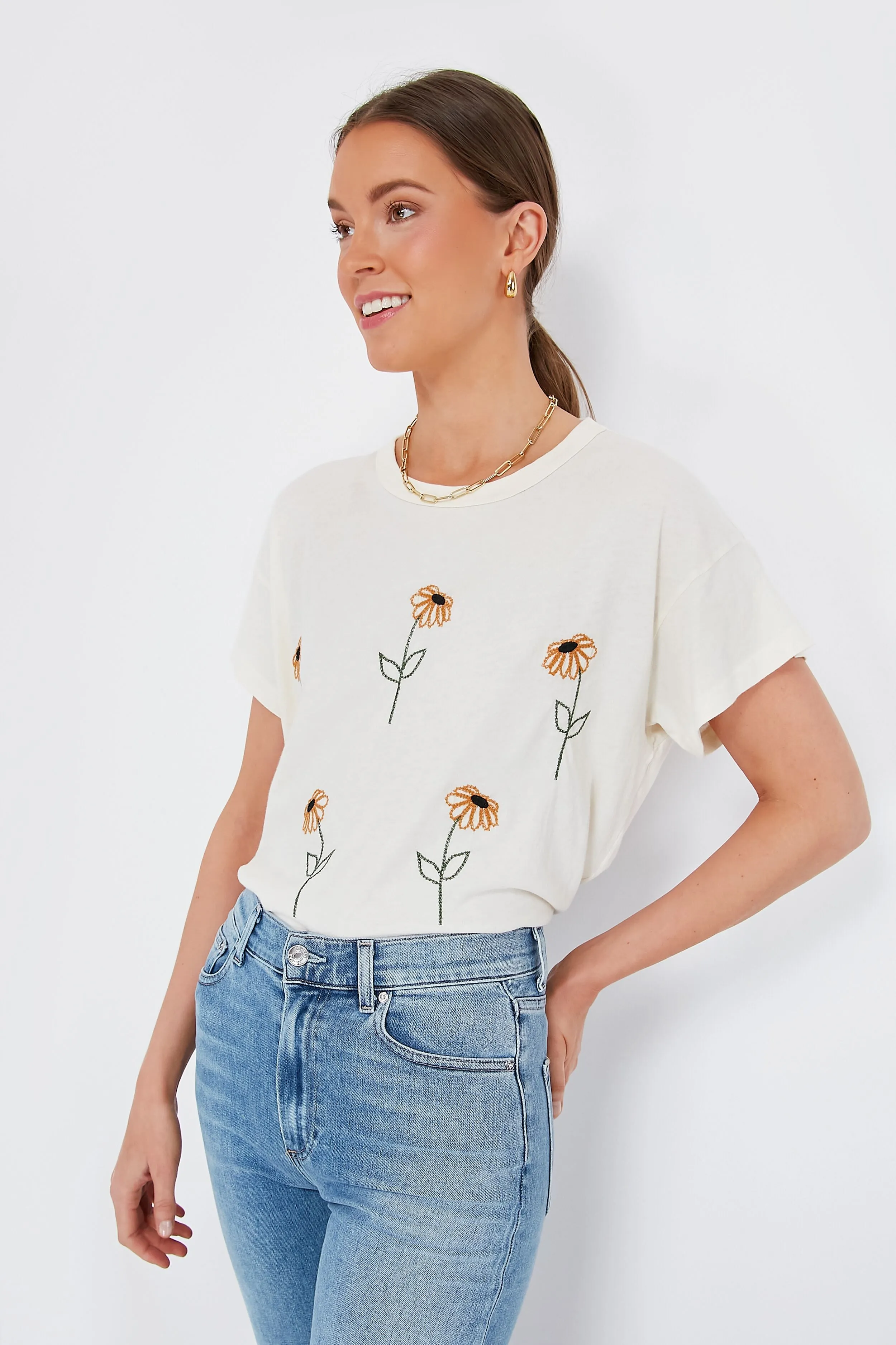 Washed White Weeping Daisy Embroidery Boxy Tee