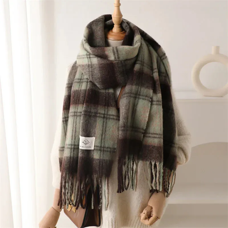 Winter Color Blocked Grid Cashmere Warm Thick Soft Pashmina Wrap Scarf