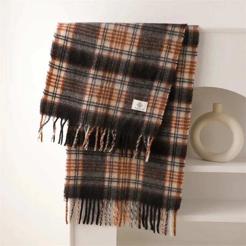 Winter Color Blocked Grid Cashmere Warm Thick Soft Pashmina Wrap Scarf