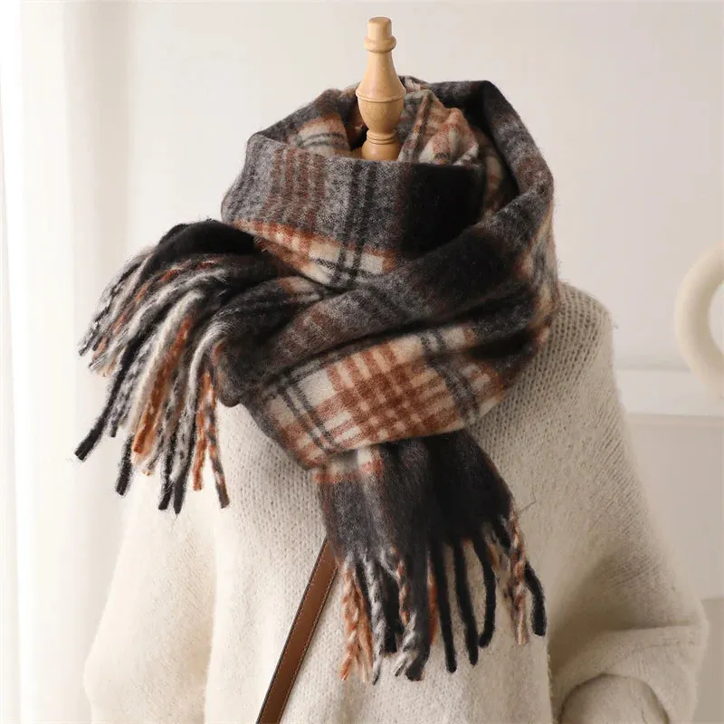 Winter Color Blocked Grid Cashmere Warm Thick Soft Pashmina Wrap Scarf