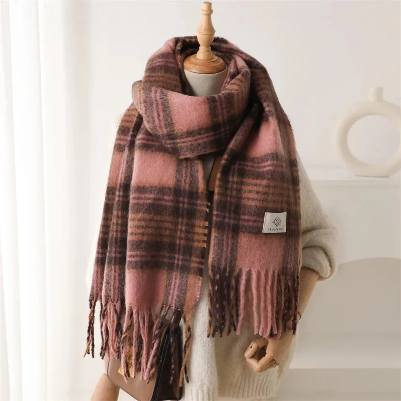 Winter Color Blocked Grid Cashmere Warm Thick Soft Pashmina Wrap Scarf