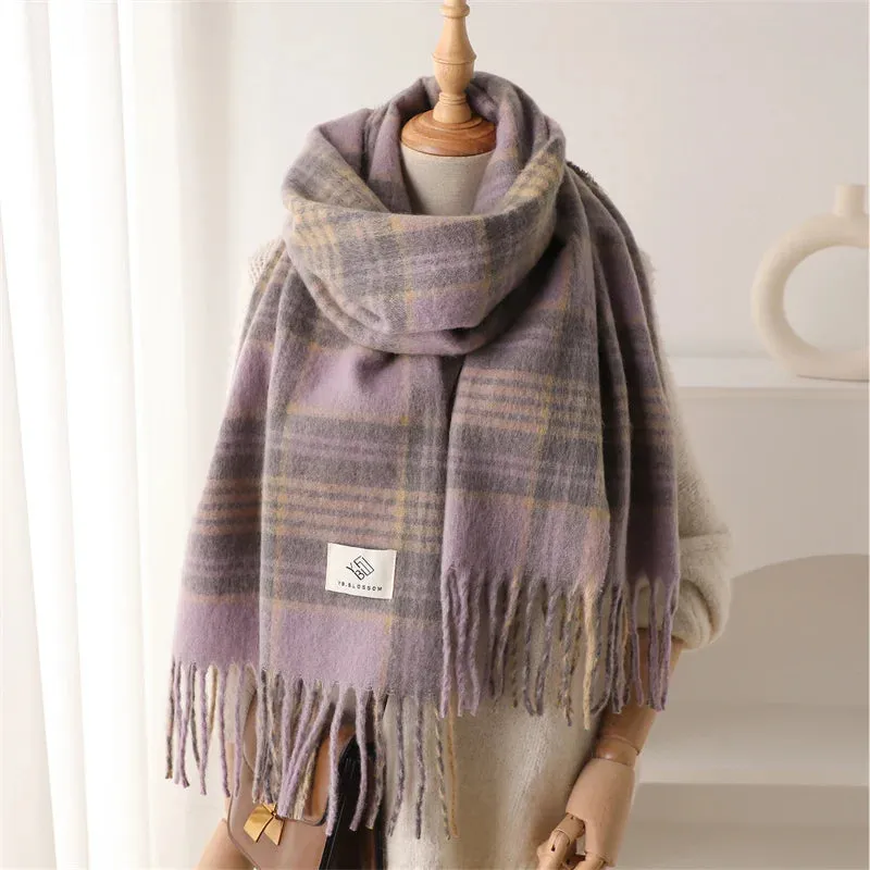 Winter Color Blocked Grid Cashmere Warm Thick Soft Pashmina Wrap Scarf