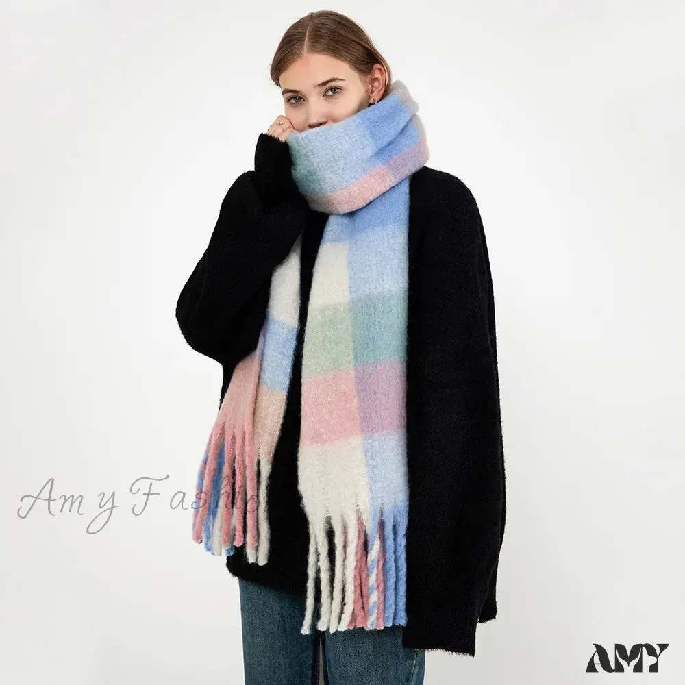 Winter Plaid Tassel Rainbow Faux Cashmere Long Muffler Scarf