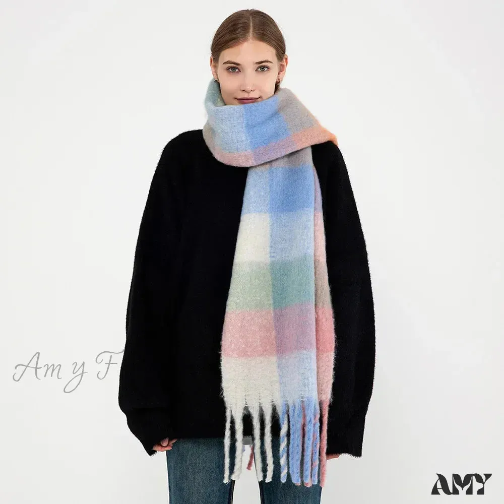 Winter Plaid Tassel Rainbow Faux Cashmere Long Muffler Scarf