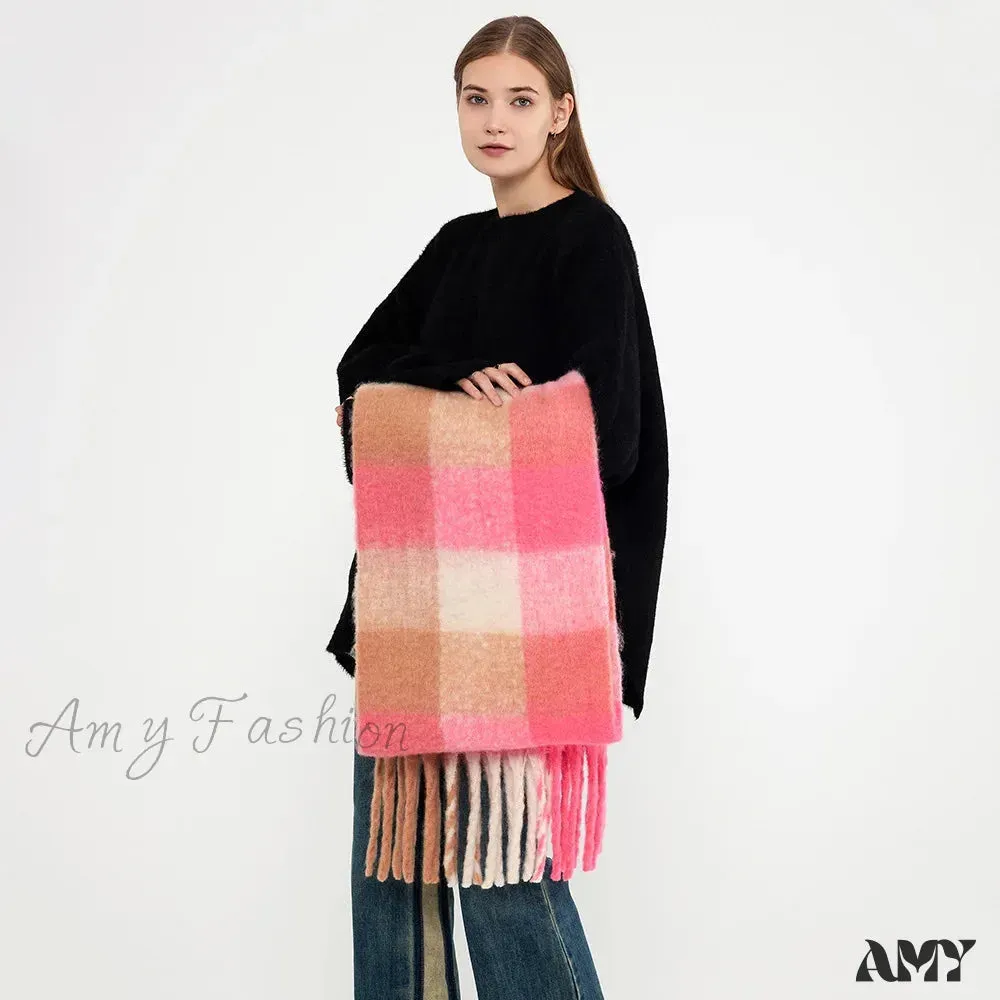 Winter Plaid Tassel Rainbow Faux Cashmere Long Muffler Scarf